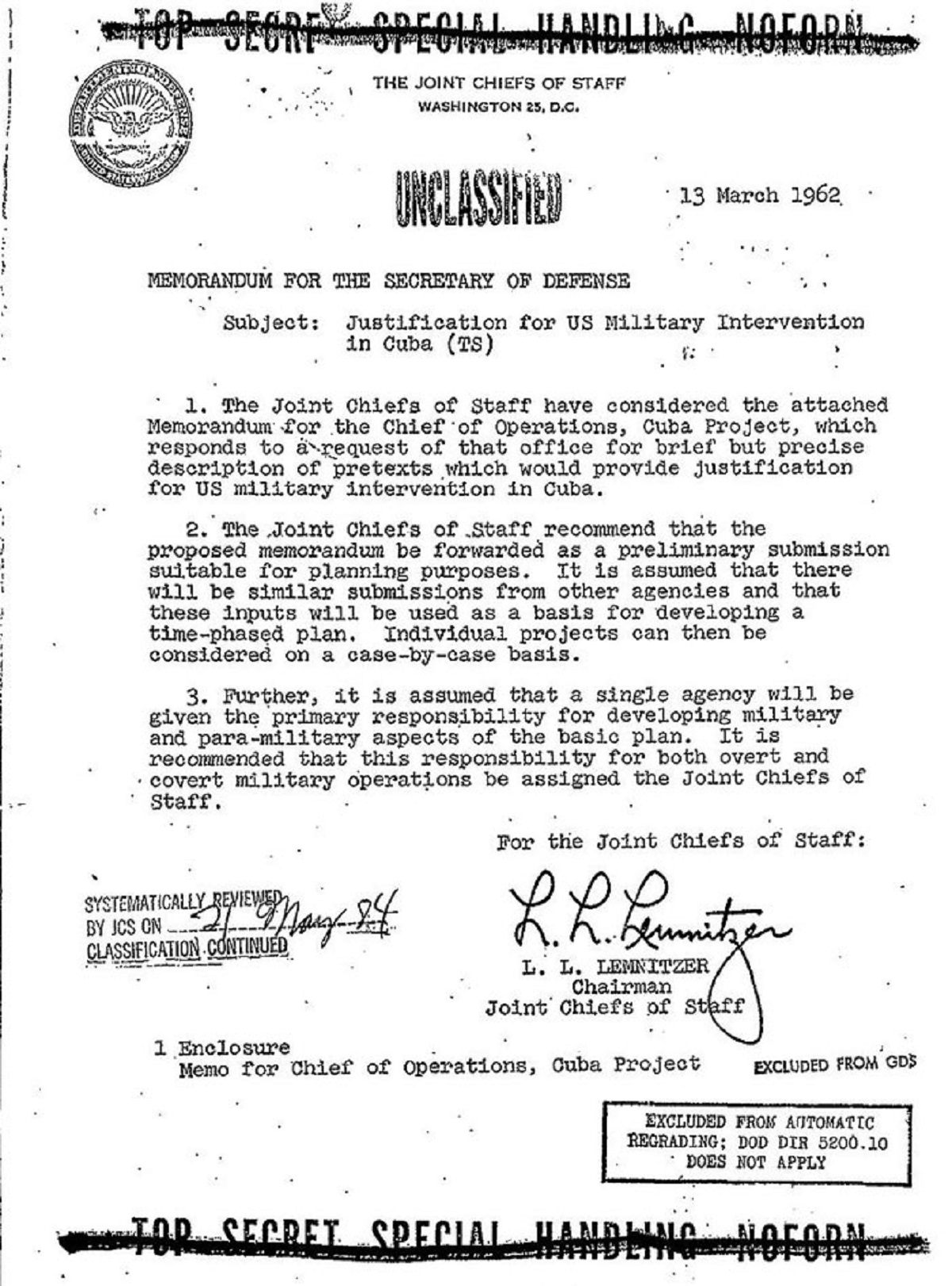 Operation Northwoods. The DoD proposed that CIA operatives plant bombs around the United States and commit terrorist acts and blame them on Cuba. This was approved all the way up to, but not including, the President.