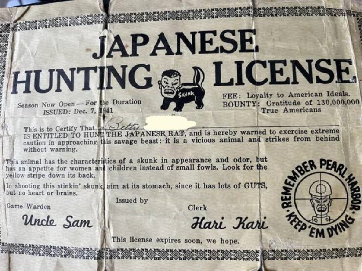 newspaper - Japanese Hunting Season Now OpenFor the Duration Issued Dec. 7, 1941 Skunk his is to Certify That Betty This License Fee Loyalty to American Ideals. Bounty Gratitude of 130,000,000 True Americans Is Entitled To Hun The Japanese Rat, and is her