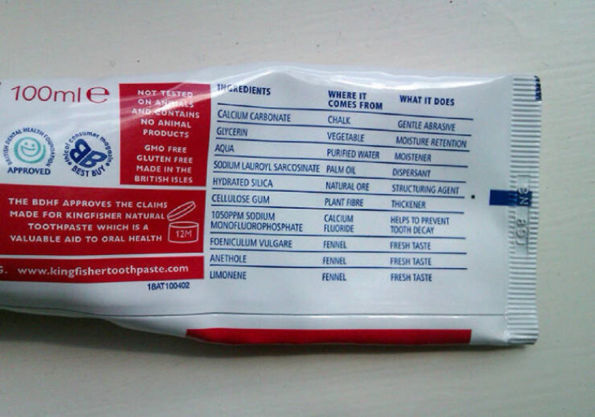 "The Ingredients Section On This Toothpaste Tube Explains Where Each Ingredient Comes From And What It Does"