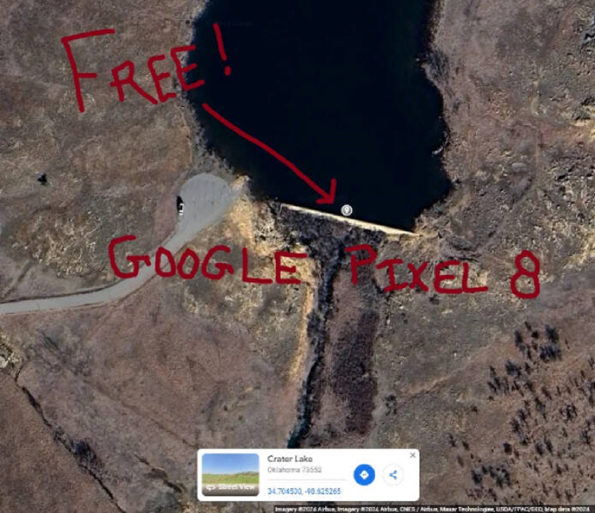 “if anyone wants a free brand new Google Pixel 8 you can get one at the bottom of this lake in Oklahoma.”