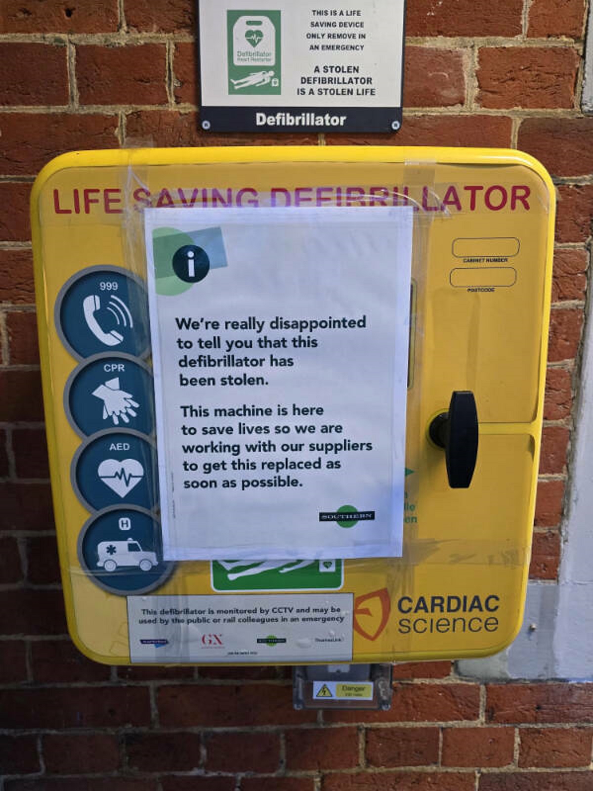 “This defibrillator has been stolen”