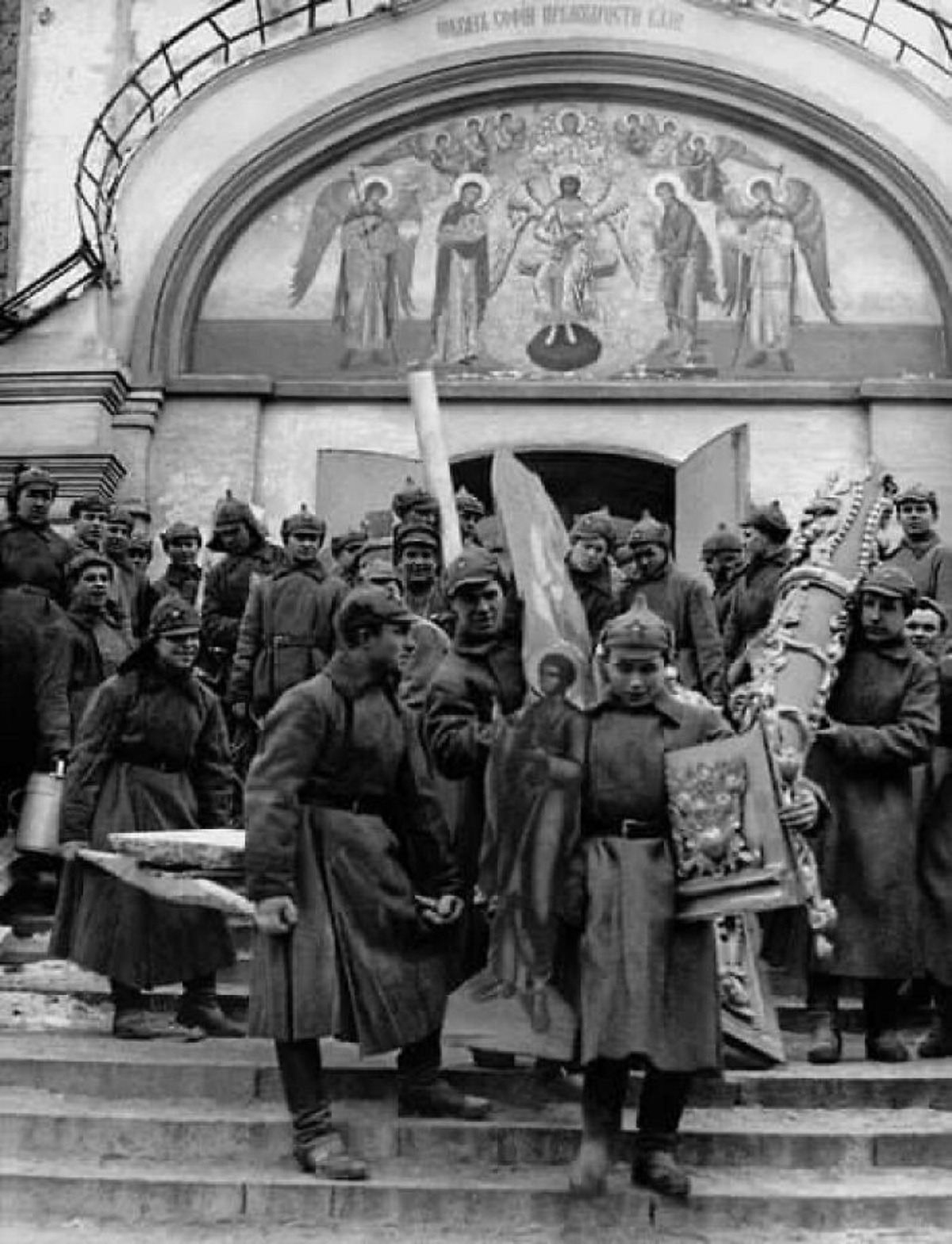 Red Army soldiers take out icons and church utensils from the Simonov Monastery in Moscow. USSR. 1923