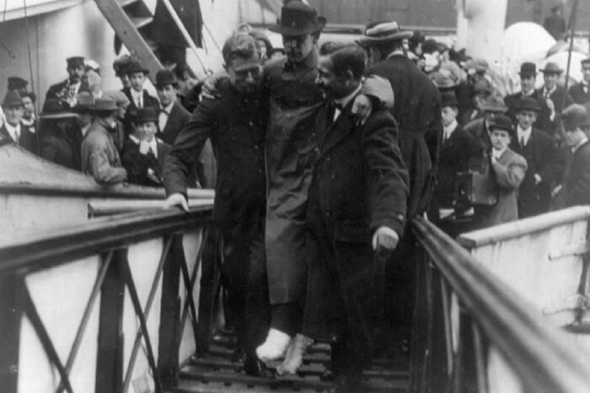 Titanic survivor, with bandaged feet, 1912