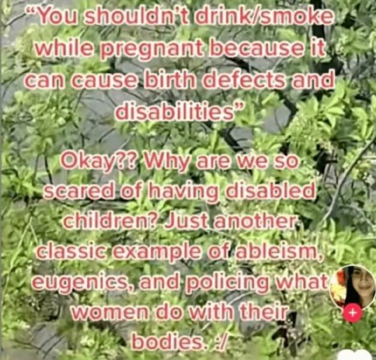verbena - "You shouldn't drinksmoke while pregnant because it can cause birth defects and disabilities Okay?? Why are we so scared of having disabled children? Just another classic example of ableism, eugenics, and policing what women do with their bodies