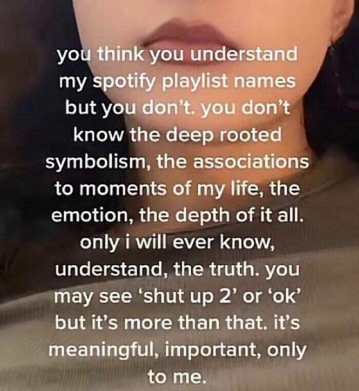 you think you understand my spotify playlist names - you think you understand my spotify playlist names but you don't. you don't know the deep rooted symbolism, the associations to moments of my life, the emotion, the depth of it all. only i will ever kno