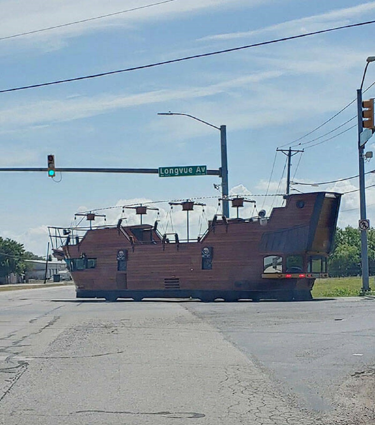 pirate ship driving on road