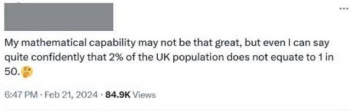 document - My mathematical capability may not be that great, but even I can say quite confidently that 2% of the Uk population does not equate to 1 in 50. Views