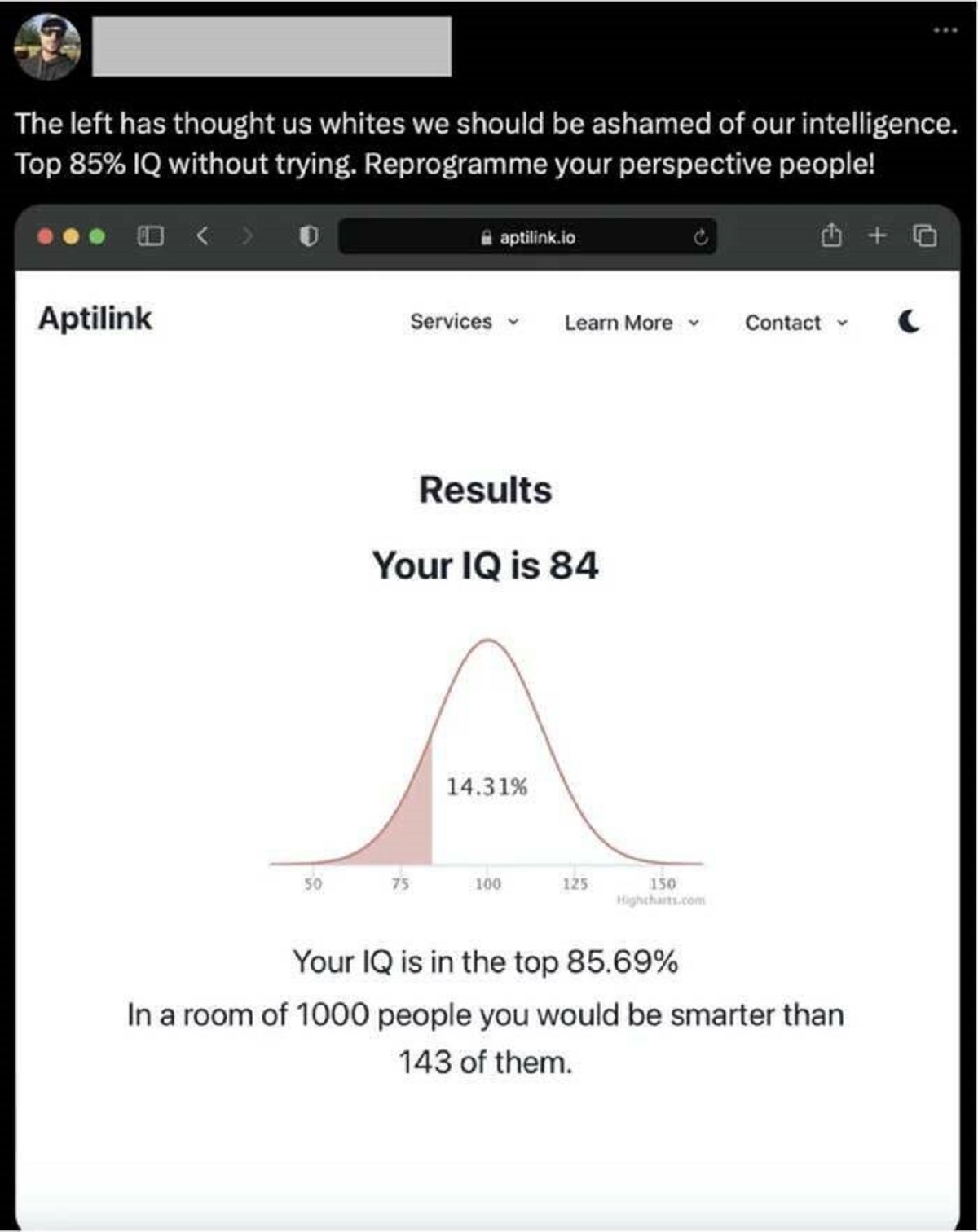 screenshot - The left has thought us whites we should be ashamed of our intelligence. Top 85% Iq without trying. Reprogramme your perspective people! Aptilink 50 aptilink.io Services Learn More Contact C Results Your Iq is 84 14.31% 100 125 150 Highcharts