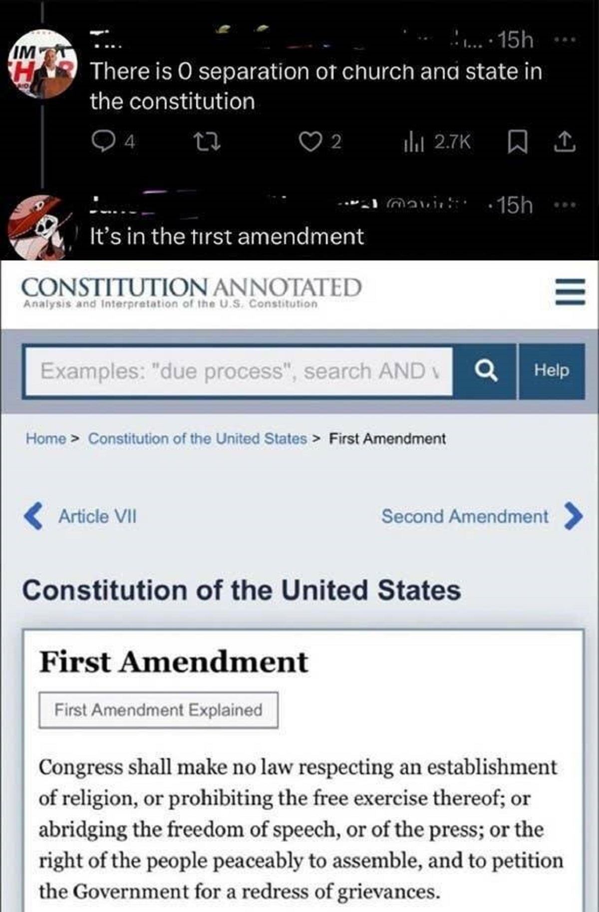 screenshot - Im H Aid ......15h... There is O separation of church and state in the constitution 4 2 lil mavi 15h It's in the first amendment Constitution Annotated Analysis and Interpretation of the U.S. Constitution Examples "due process", search And He