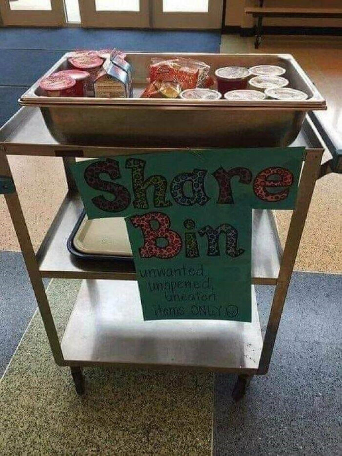 "All School Cafeterias Should Do This!! “Students Who Buy Lunches May Place Unwanted And Unopened Food On This Ice Tray. If Other Students Are Still Hungry After They Finish Their Own Lunches, They May Choose One Item From The Share Bin. This Simple Process Reduces Waste And Makes Tummies Full.”"