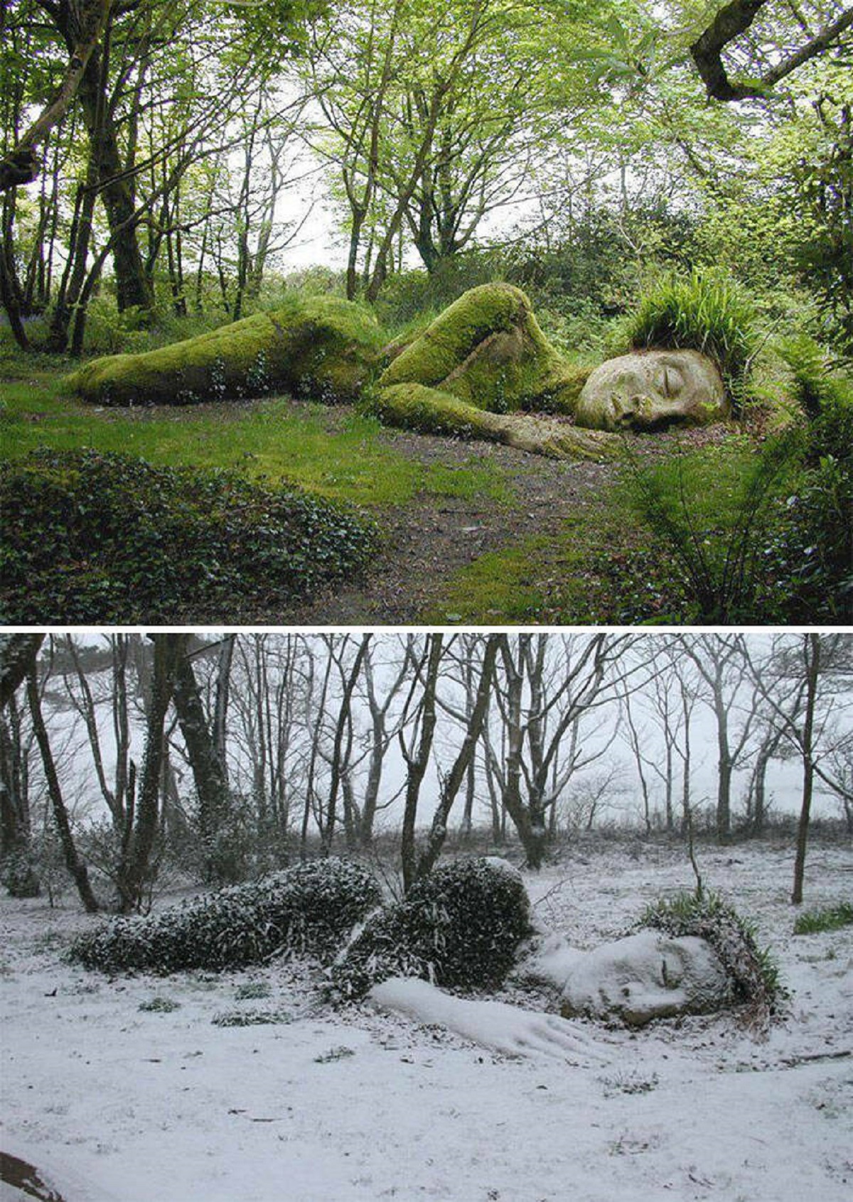 "The Mud Maid Is A Living Sculpture By Sue Hill At The Lost Gardens Of Heligan, Cornwall, UK. Depending On The Season, The Mud Maid’s ‘Hair’ And ‘Clothes’ Change When The Seasonal Plants And Moss Grow Over The Sculpture"