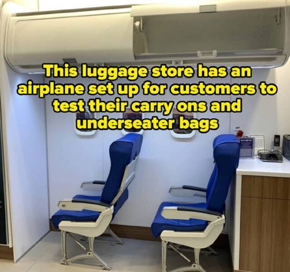 chair - This luggage store has an airplane set up for customers to test their carry ons and underseater bags
