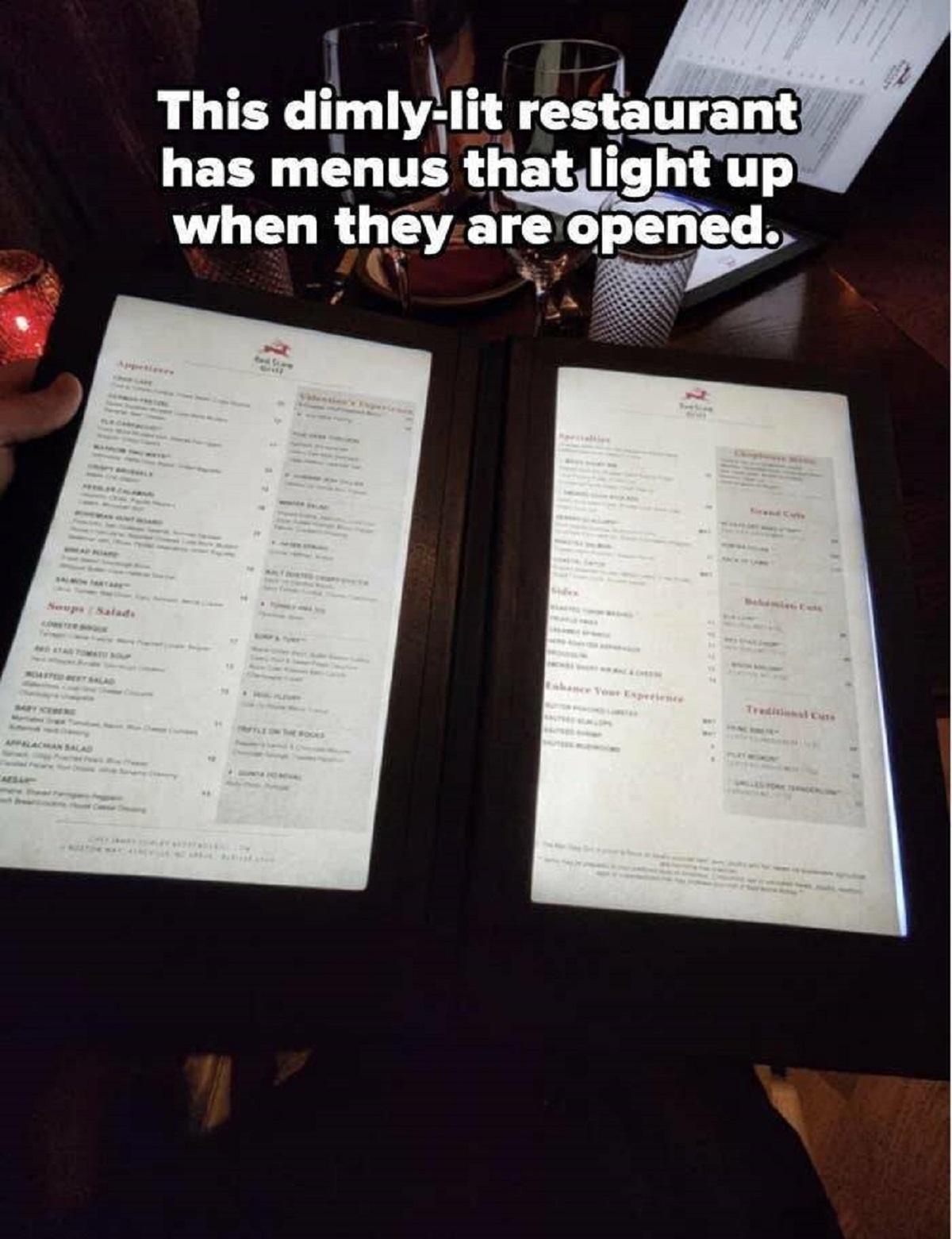 document - This dimlylit restaurant has menus that light up when they are opened. Appetianes Soups Salads 2 ance Your Experience Traditional Cus