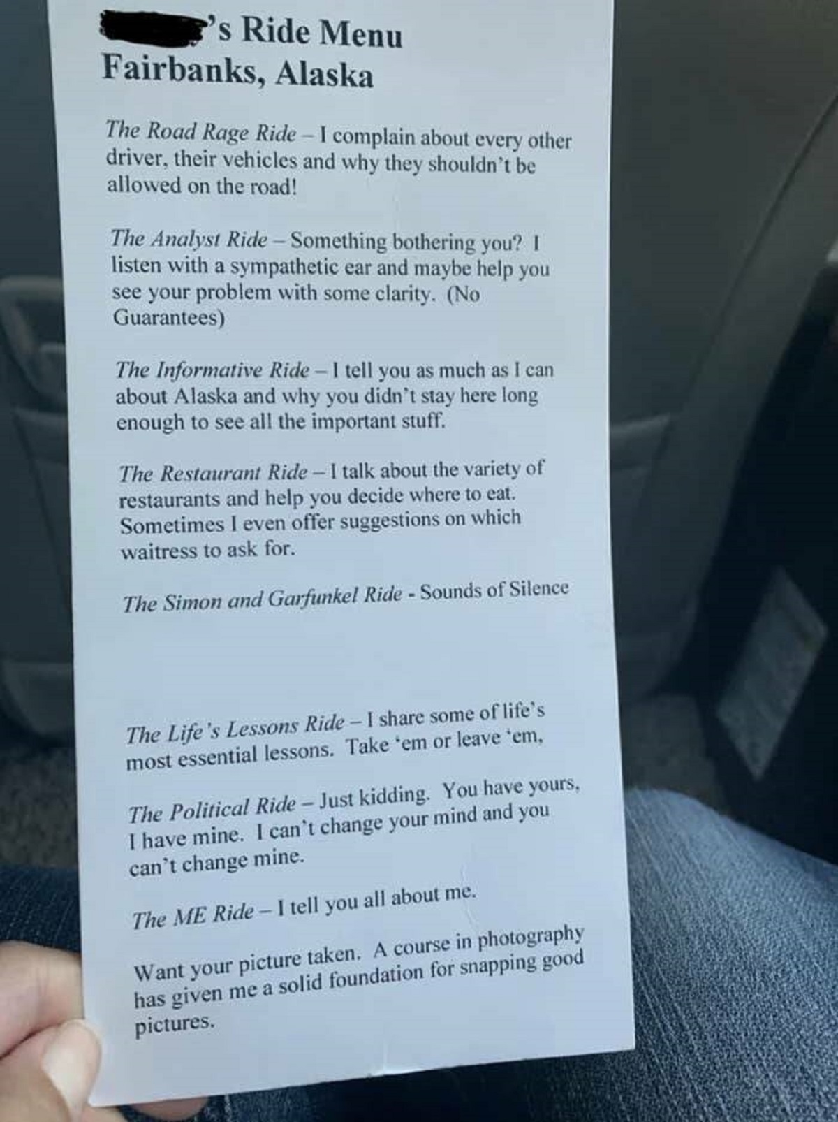 uber driver ride menu - 's Ride Menu Fairbanks, Alaska The Road Rage Ride I complain about every other driver, their vehicles and why they shouldn't be allowed on the road! The Analyst Ride Something bothering you? I listen with a sympathetic ear and mayb