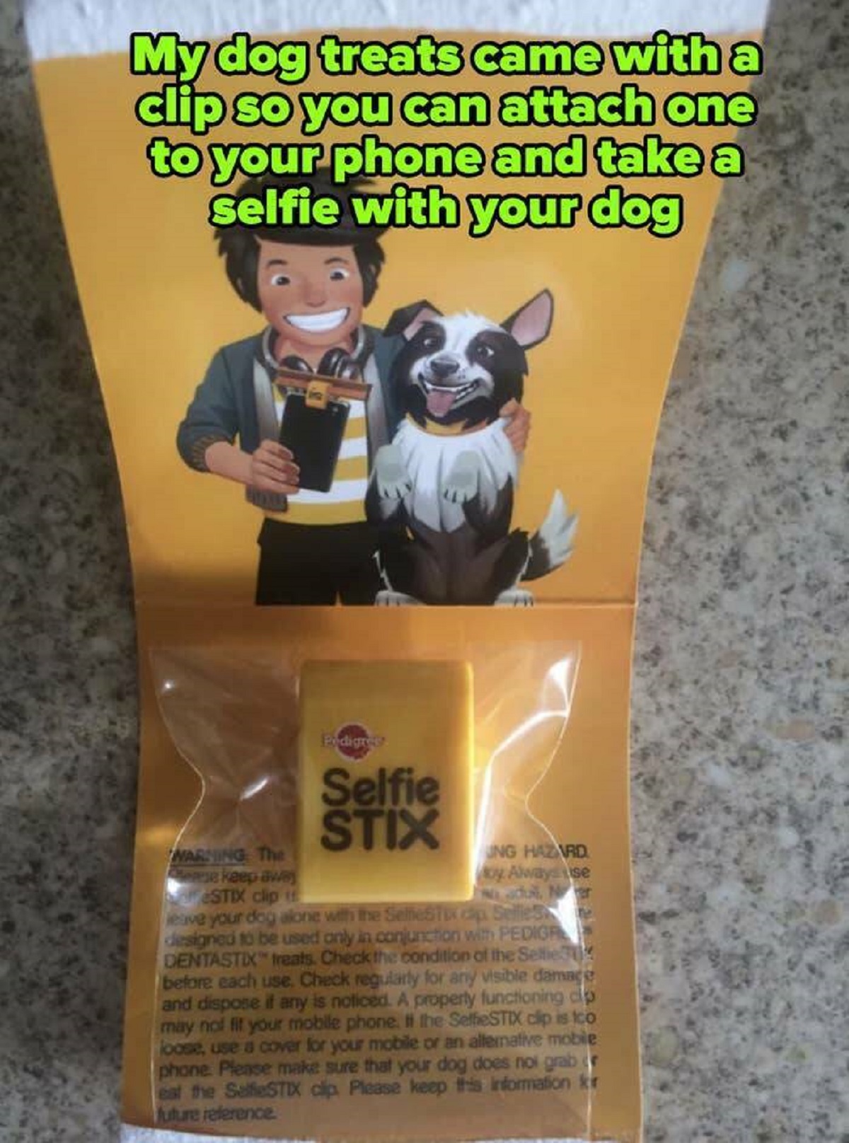 boston terrier - My dog treats came with a clip so you can attach one to your phone and take a selfie with your dog Selfie Stix Pedica DENTASTICs Check the condon Chuck ropay for and depose any incoed A property functoring may not your mobile phone te cos