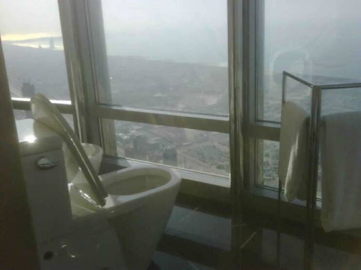 This is the view from the toilet on the 155th floor of the United Arab Emirates' Burj Khalifa, the tallest building in the world: