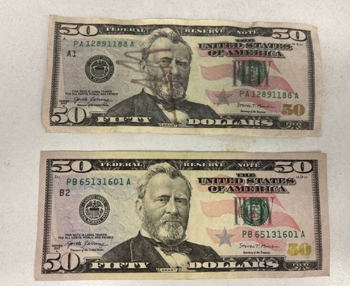 This is what a counterfeit $50 bill (on top) looks like compared with a real one: