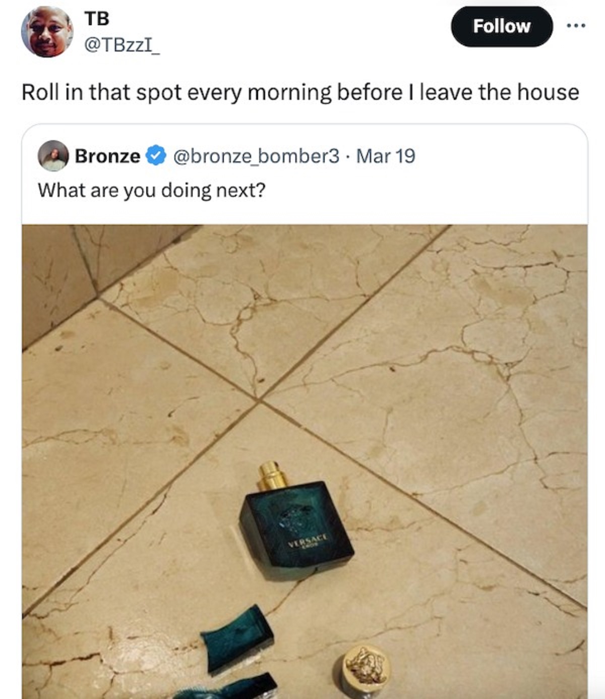 versace in the floor - Tb Roll in that spot every morning before I leave the house. Bronze Mar 19 . What are you doing next?