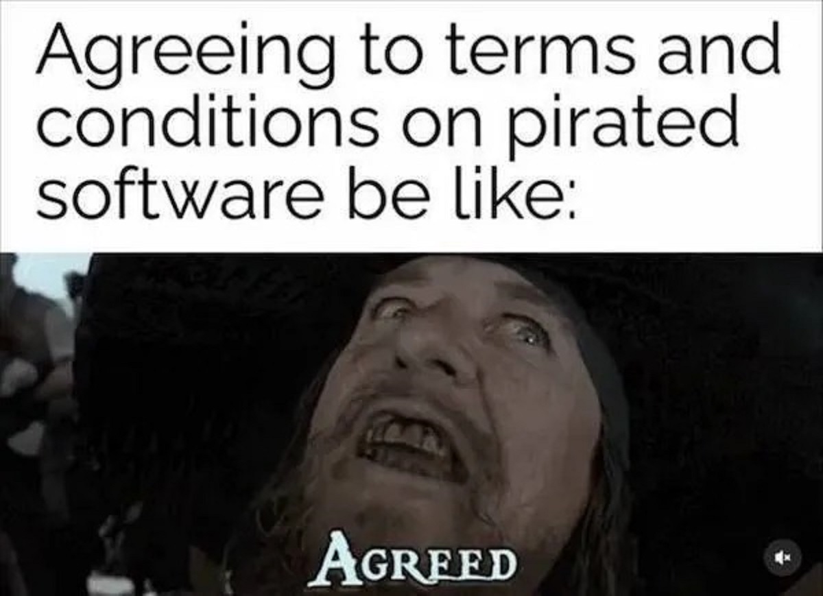 photo caption - Agreeing to terms and conditions on pirated software be Agreed
