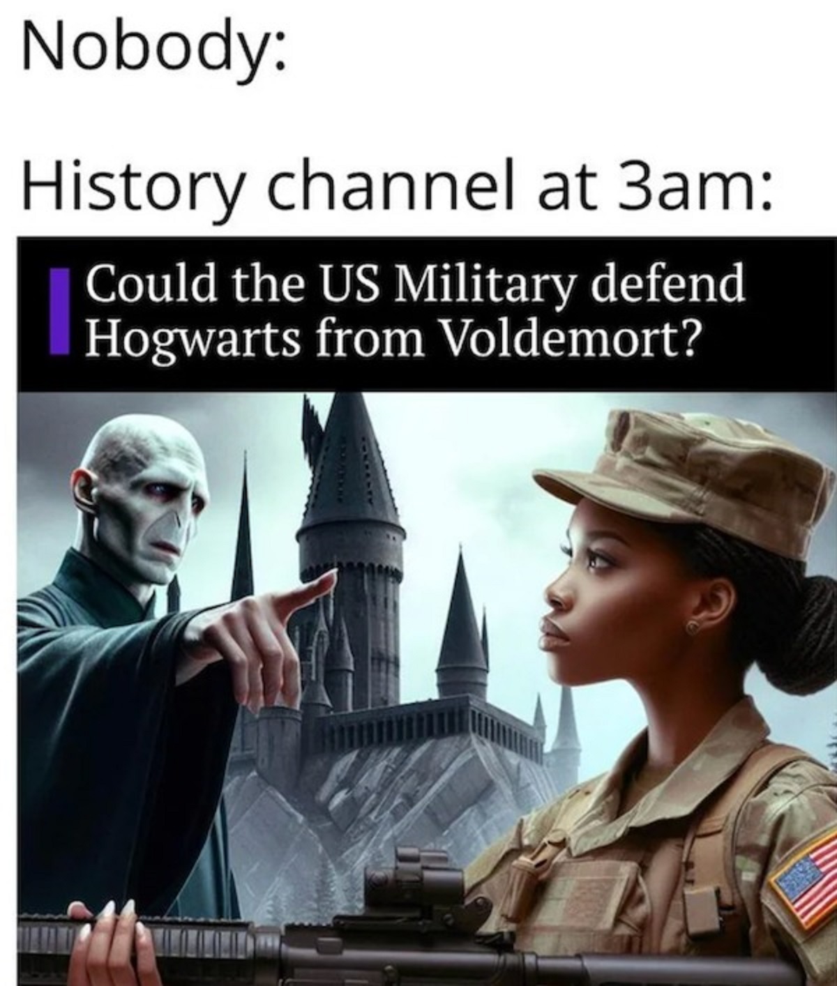 Meme - Nobody History channel at 3am Could the Us Military defend Hogwarts from Voldemort?