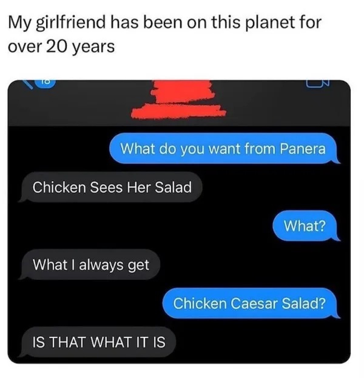 screenshot - My girlfriend has been on this planet for over 20 years What do you want from Panera Chicken Sees Her Salad What I always get What? Is That What It Is Chicken Caesar Salad?