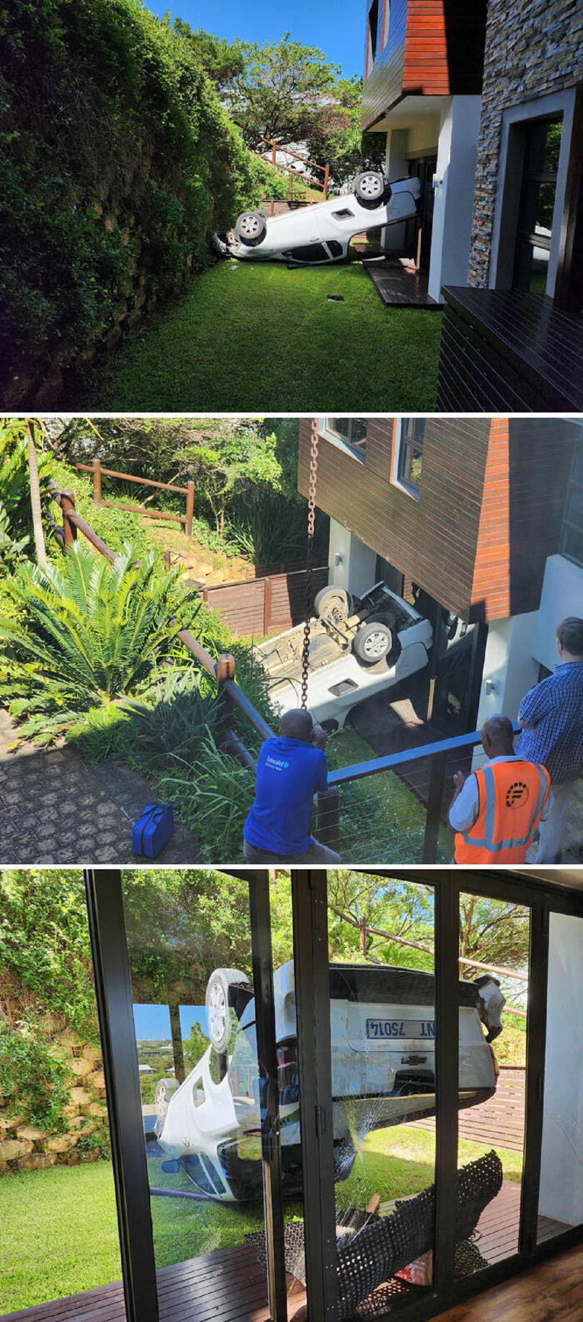 "A Delivery Guy Forgot To Use His Handbrake On Our Steep Driveway. His Car Rolled Over The Ledge And Garden, Then Fell In Front Of Our Living Room About 3-4 Meters Down"