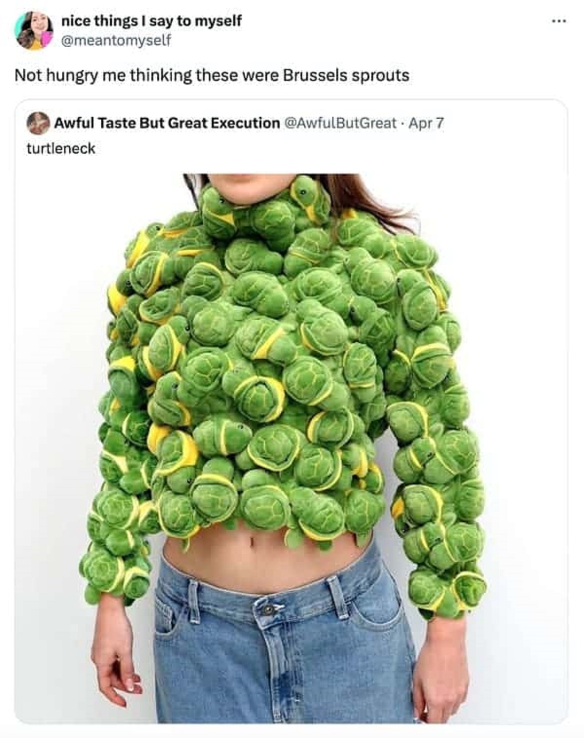 Gab Bois - nice things I say to myself Not hungry me thinking these were Brussels sprouts Awful Taste But Great Execution Apr 7 turtleneck