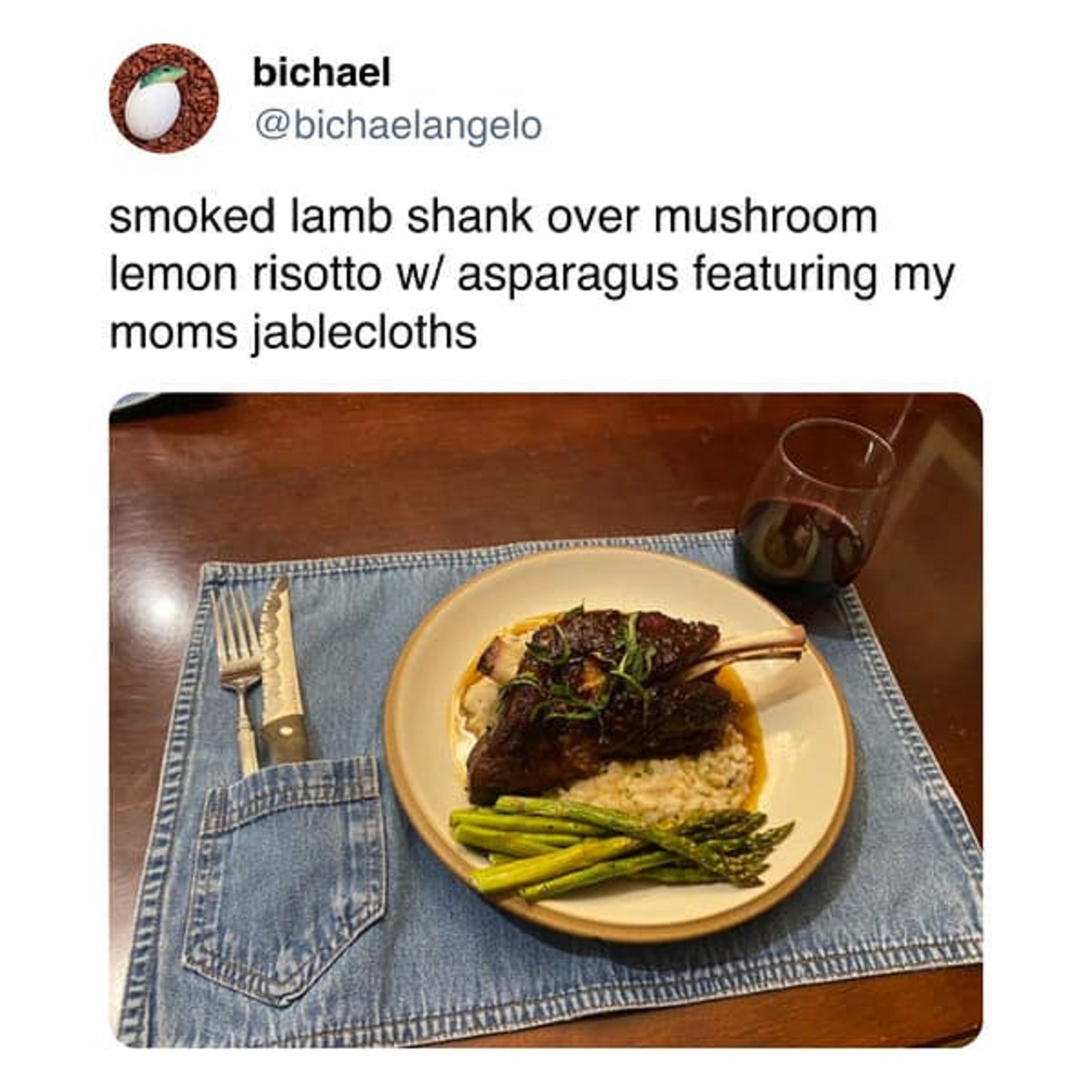 Smoked lamb shank - bichael smoked lamb shank over mushroom lemon risotto w asparagus featuring my moms jablecloths