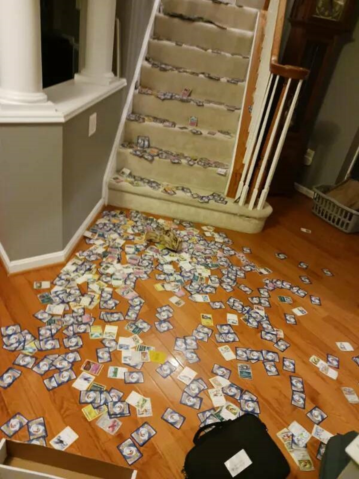 “My younger brother accidentally dropped a giant box of sorted pokemon cards down the stairs.”