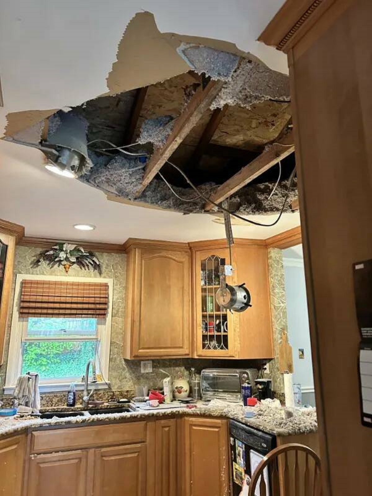 “Husband went into the attic to fix a leak. Lost his footing and fell through. He’s ok. The whole floor level of our home is not.”
