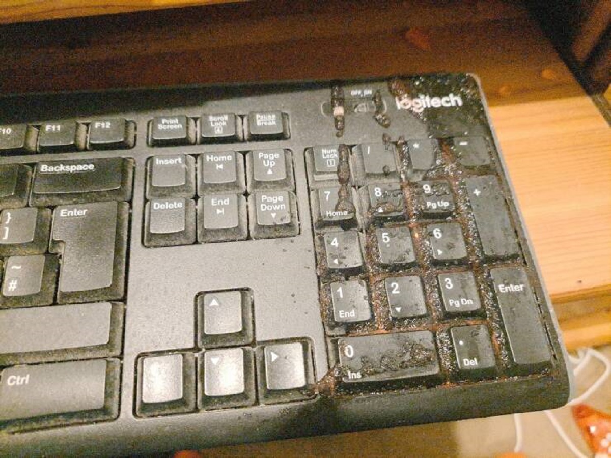 "Stress ball burst over keyboard"