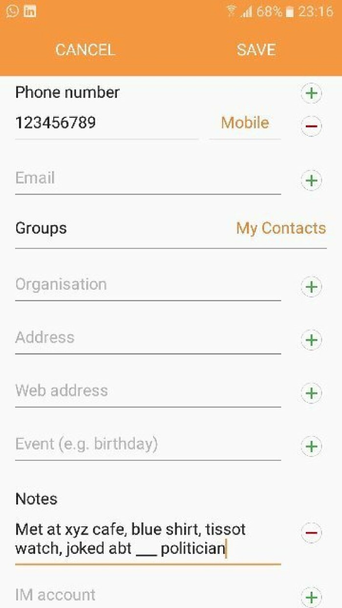 Here's the thing - whenever you meet a person for the first time (be it a professional meet, social or a personal meet), while exchanging the numbers, notice the basic details of her/him and save it in your 'Notes' section of the Contact. Something like this :