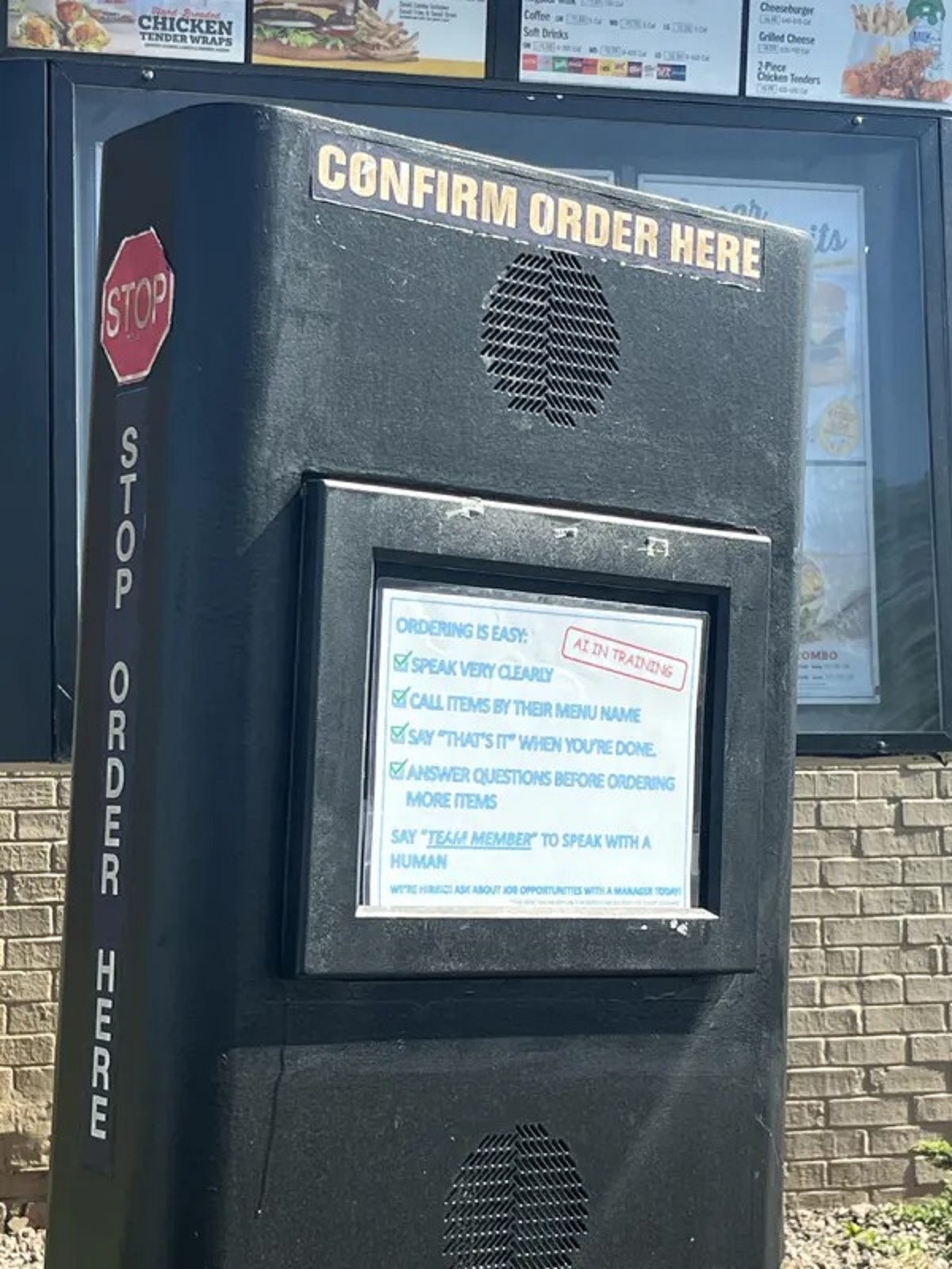 Drive-through - Chicken is Stop S T Confirm Order Here Stop Order Here Ordering Seat Speak Very Clar Altr Call Items By Their Moun "You'Re Done Swer Questions One Ordering More T Saam Member To Speak With Human