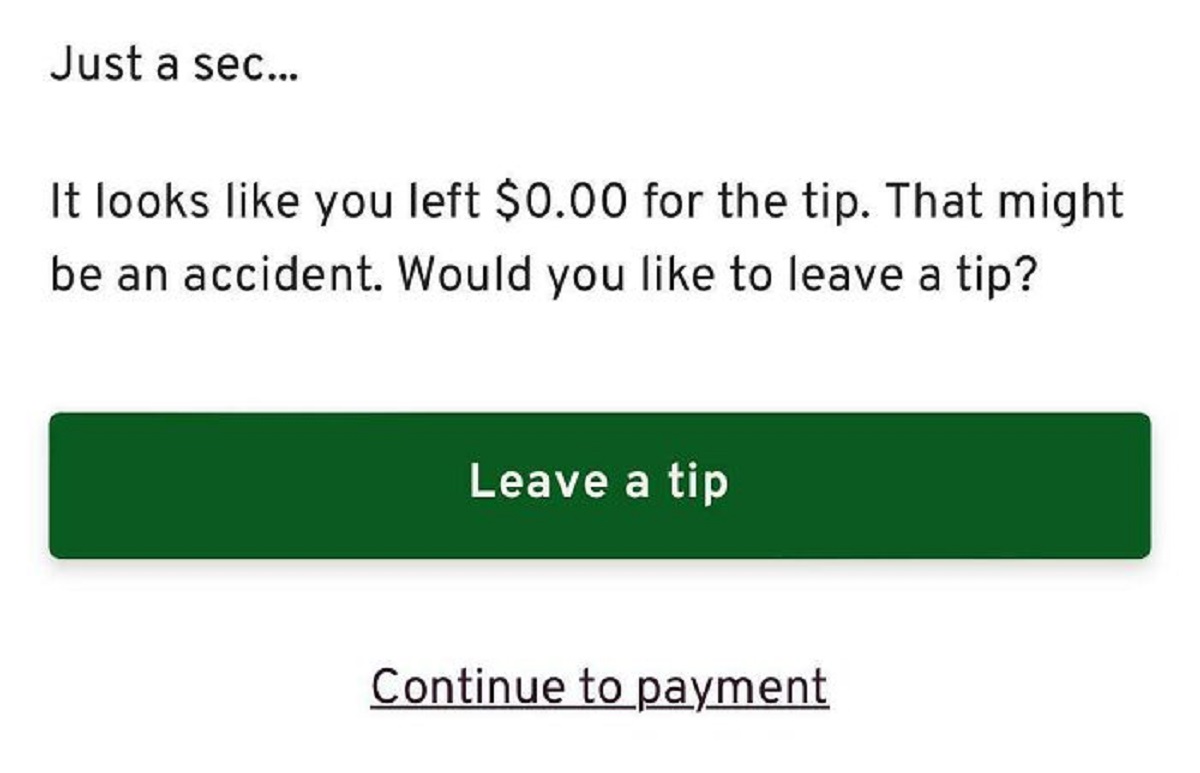 parallel - Just a sec... It looks you left $0.00 for the tip. That might be an accident. Would you to leave a tip? Leave a tip Continue to payment