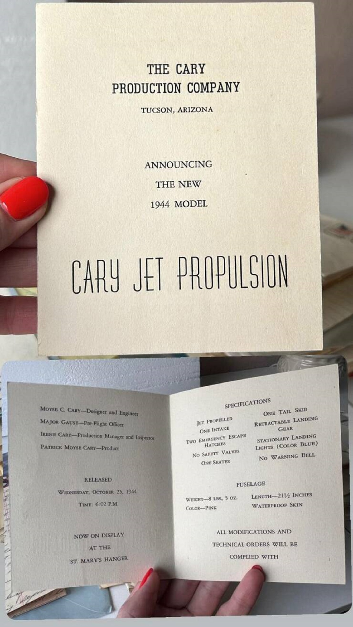 document - The Cary Production Company Tucson, Arizona Announcing The New 1944 Model Cary Jet Propulsion At Th Tal Tel Allocations And