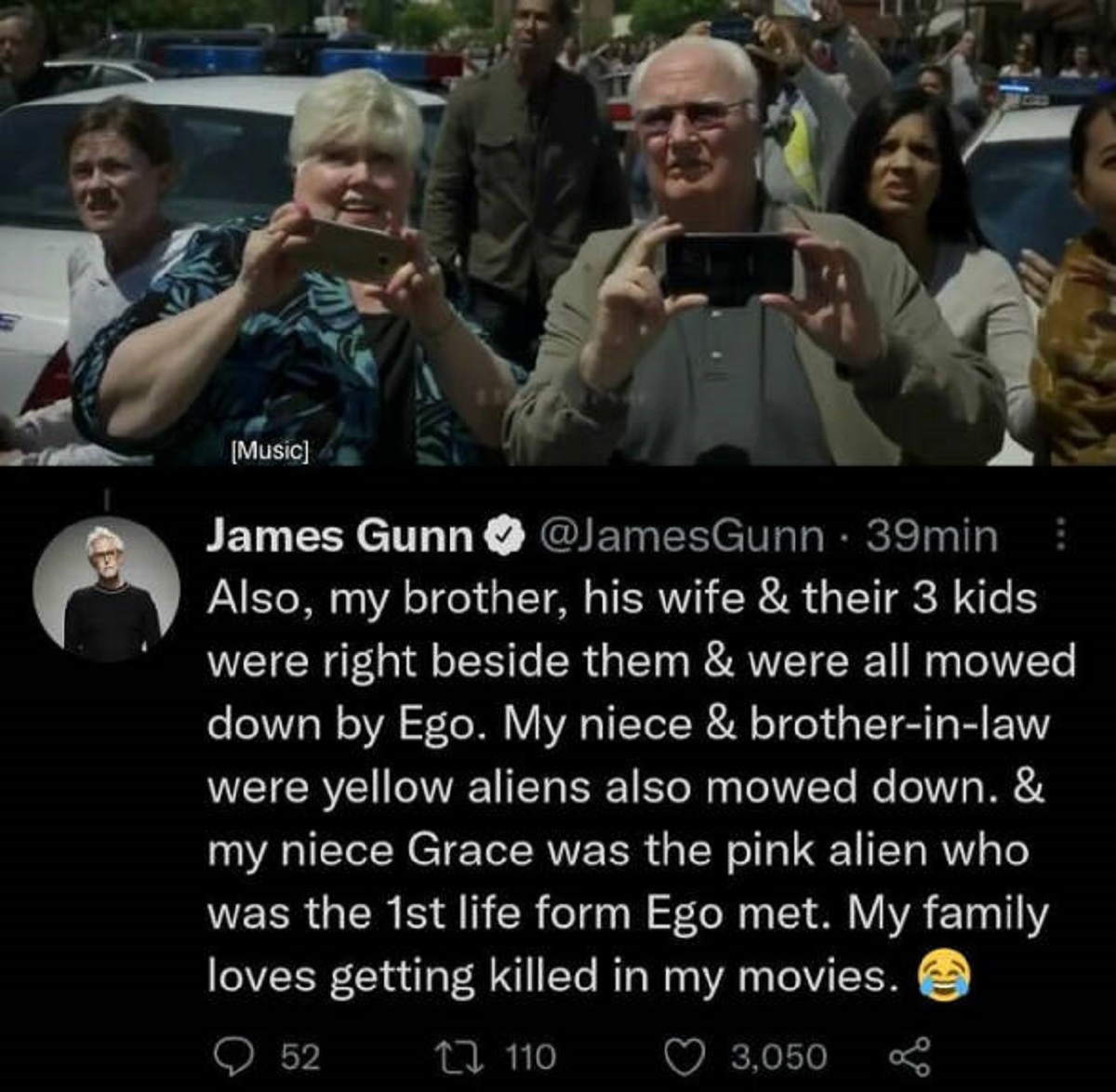 photo caption - Music James Gunn 39min Also, my brother, his wife & their 3 kids were right beside them & were all mowed down by Ego. My niece & brotherinlaw were yellow aliens also mowed down. & my niece Grace was the pink alien who was the 1st life form