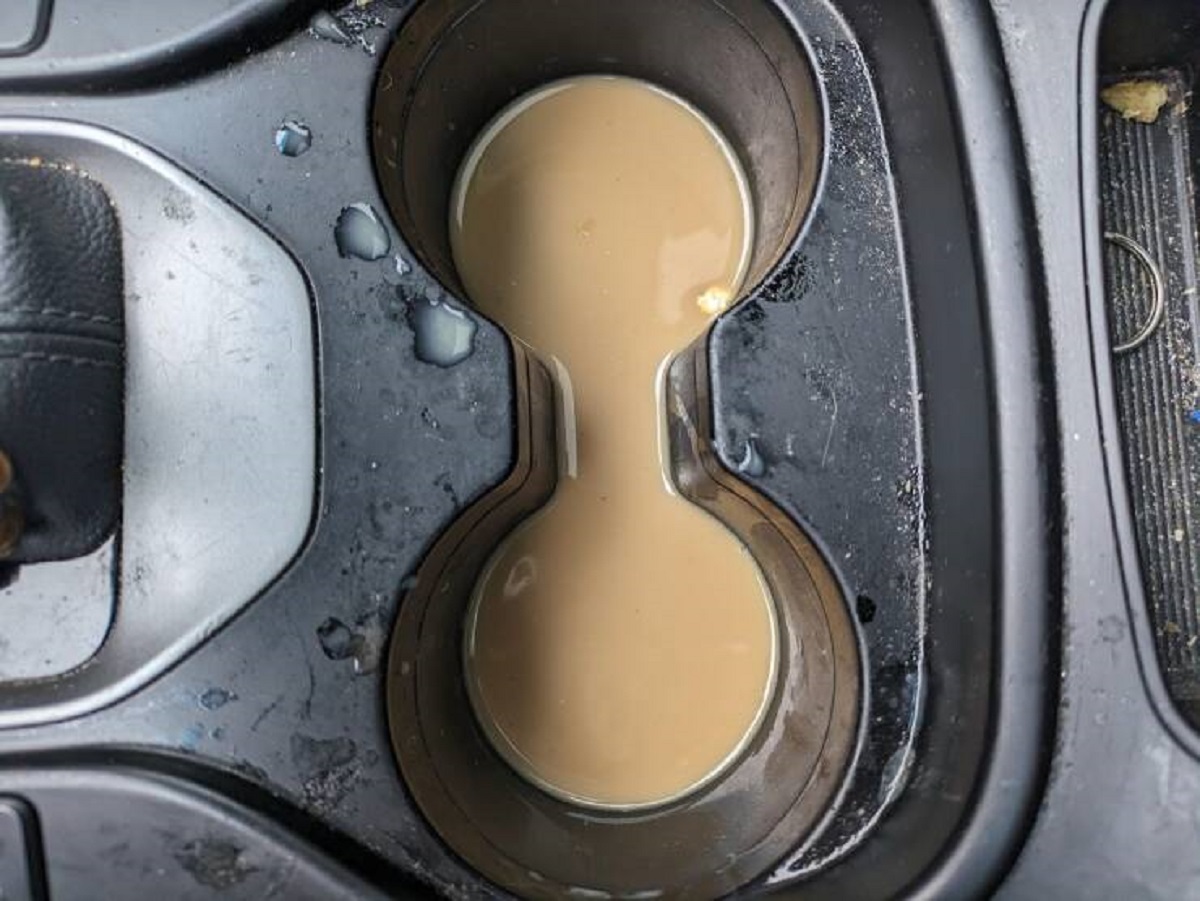 "Travel mug lid broke and I didn't realize until I turned onto the highway and looked into my cupholder"