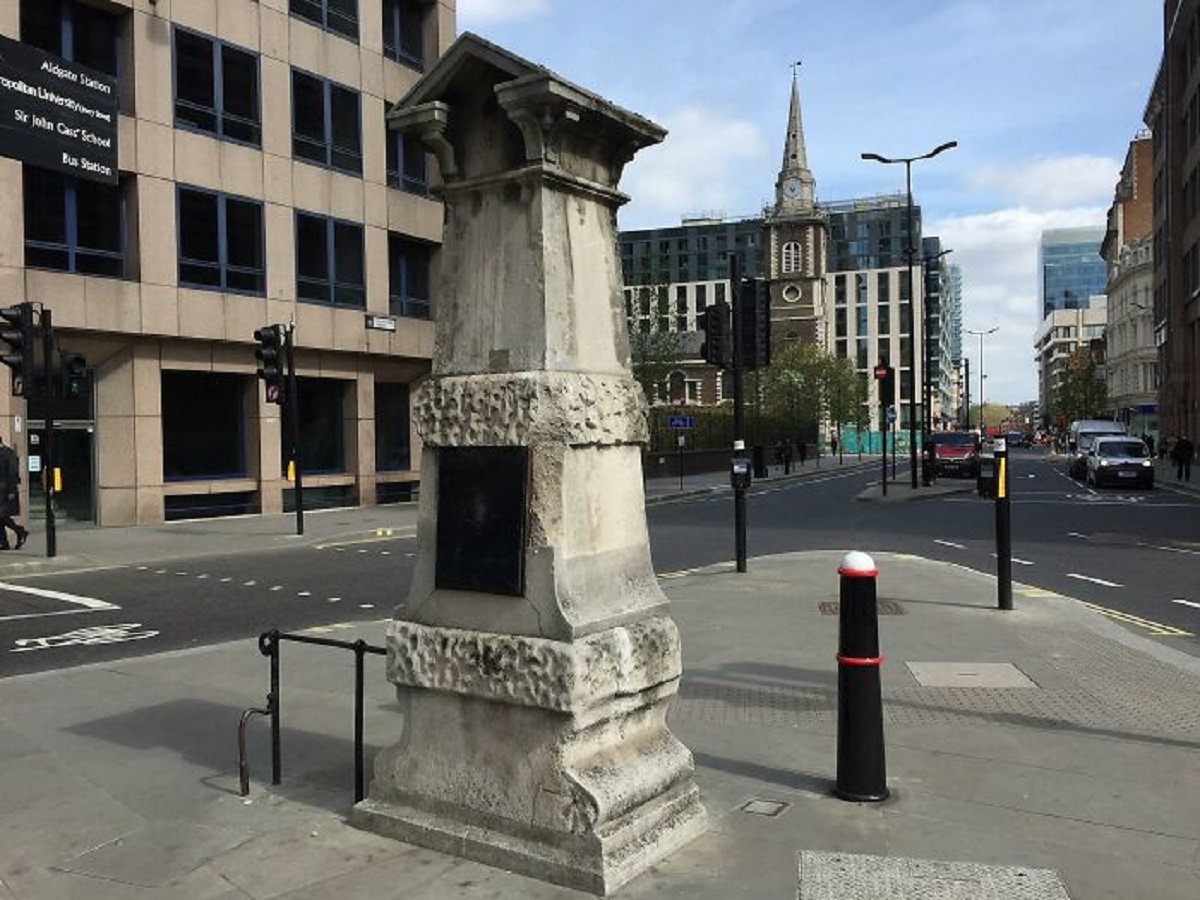 Aldgate Pump, a historic water pump held as marking the start of London’s East End. Long famed for its “sparkling, agreeable” water, it was later found that this rich mineral taste came from the flesh and bones of nearby cemeteries leeching into the water. The tainted water killed hundreds.