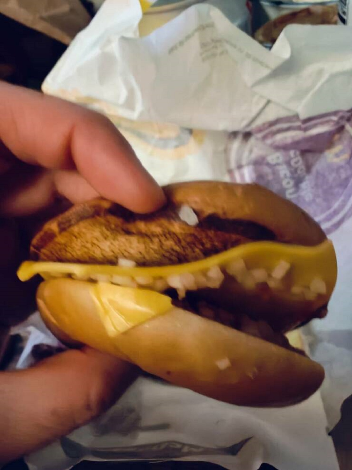 "Asked for no cheese, got no hamburger patty instead"