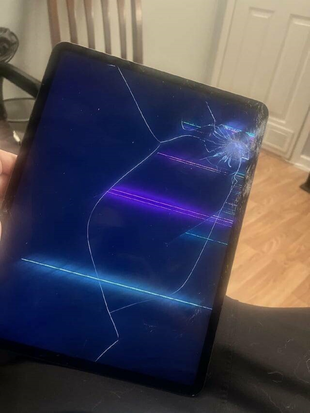 "I was making brunch for the family, iPad sitting on a side table…my two huskies got crazy, knocked it on the floor without me noticing because I was in the other room, it slid under my wife’s recliner. She body slammed into her chair because she was excited for brunch, it rocked back with immense force, and bye bye iPad"
