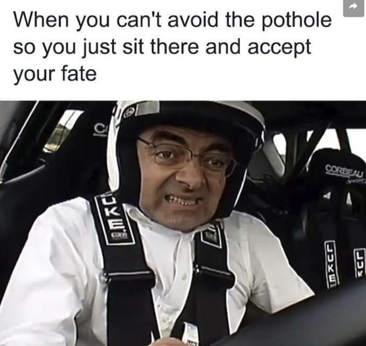 mr bean top gear - When you can't avoid the pothole so you just sit there and accept your fate C Corbeau Luke Lux