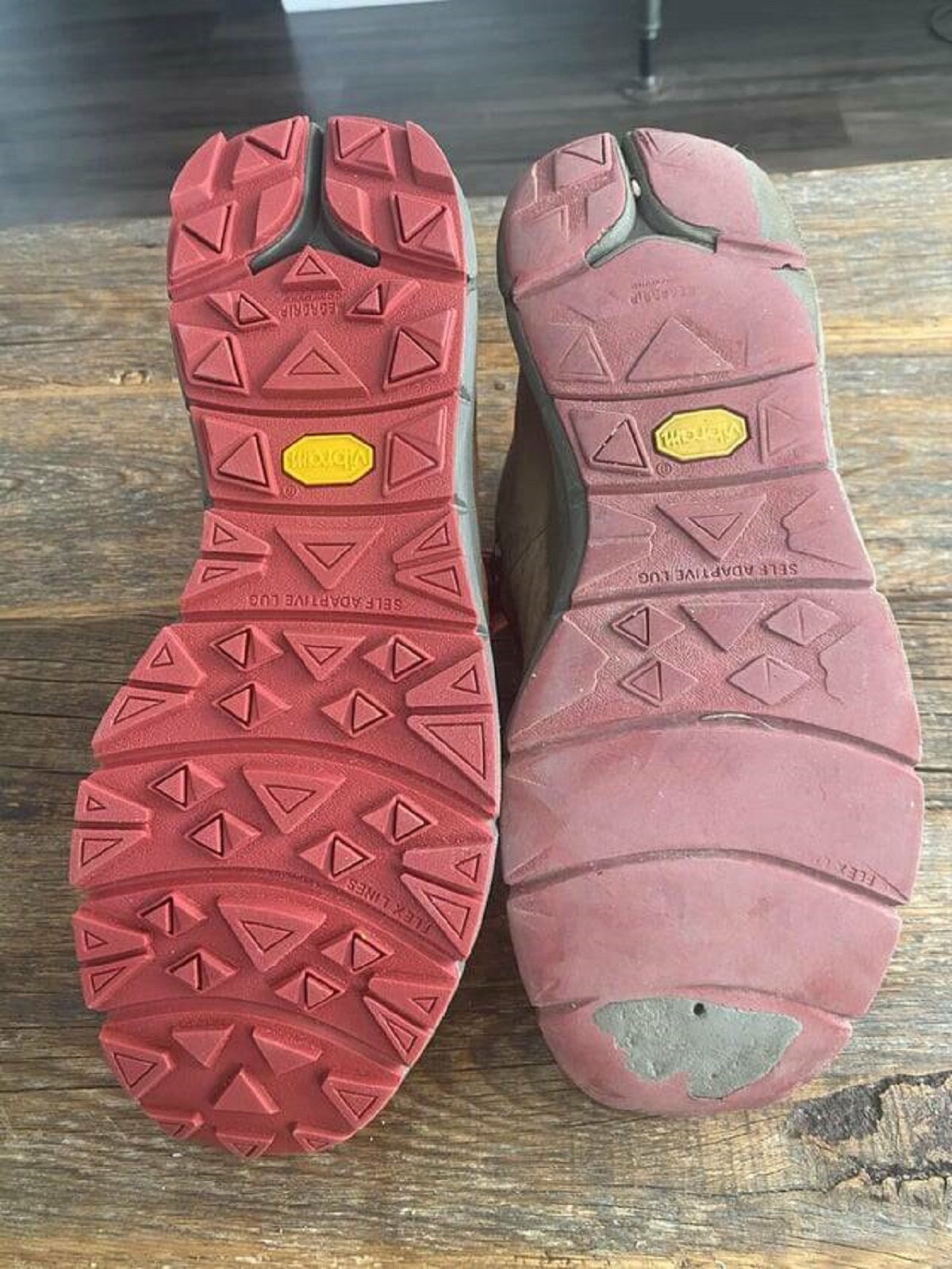 "Wear and tear on hiking boots, Size 10.5, new vs. old"