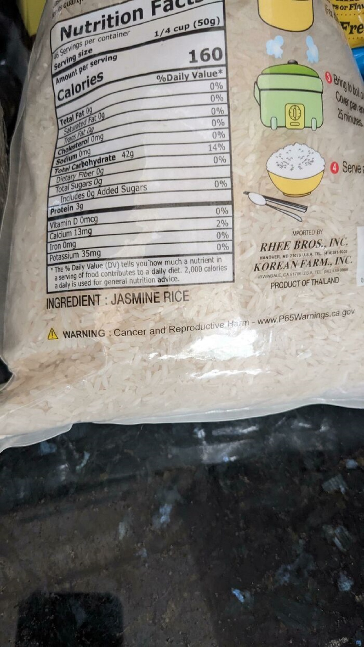 jasmine rice cancer warning - Nutrition F Serving se Calories 14 cup 50g 160 Daily Value Fre 0% 0% 0% 0% C 99 cahydrate 4 34% Alded Sugers O Sener 0% 0% 25 0% Rhef Bros, Inc daly de 2 Korean Farm, Inc Ingredient Jasmine Rice Product Of Talan Awarning Canc