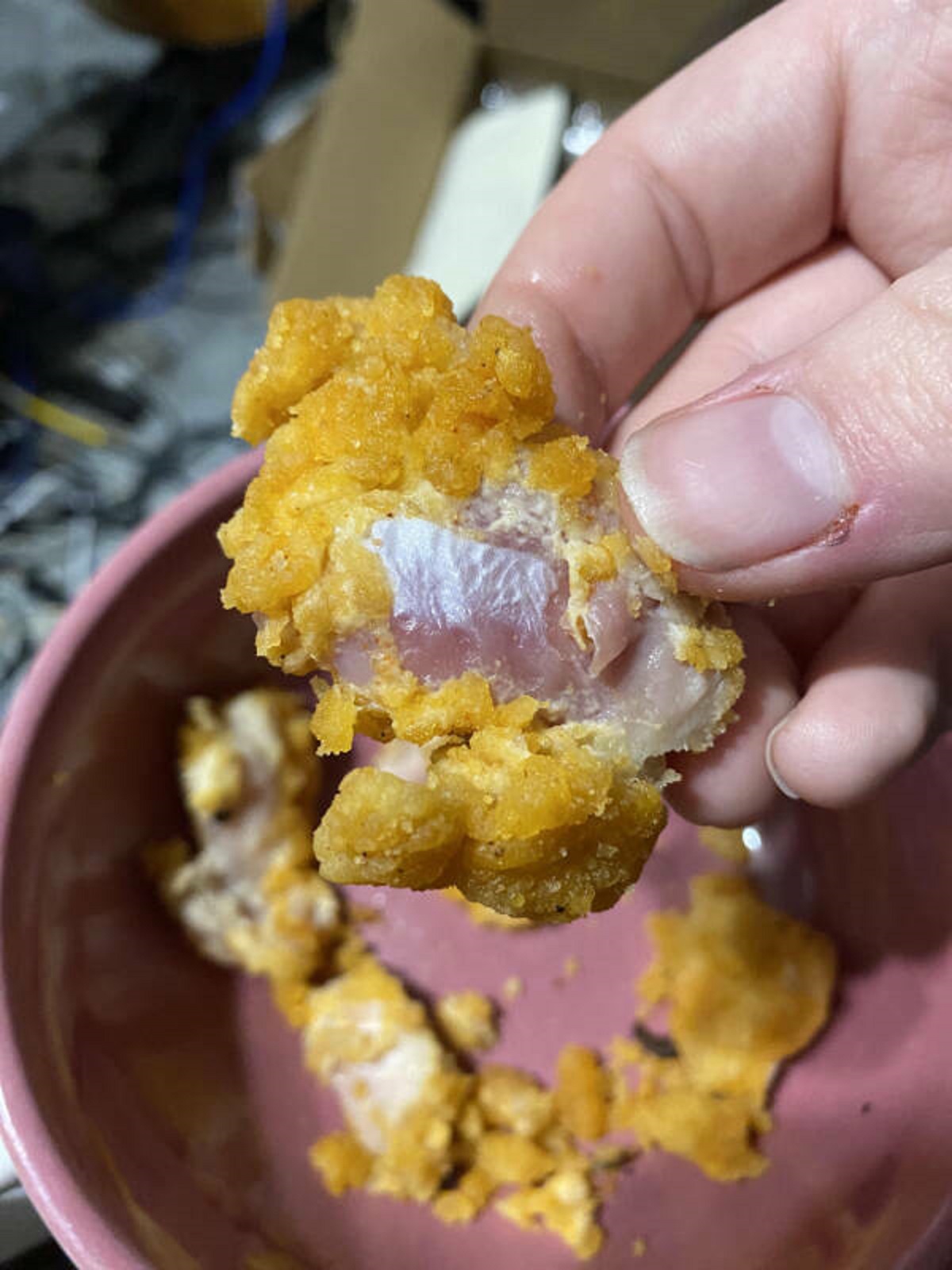 “Just finished a big bowl of popcorn chicken and thought a few pieces had a weird texture.”