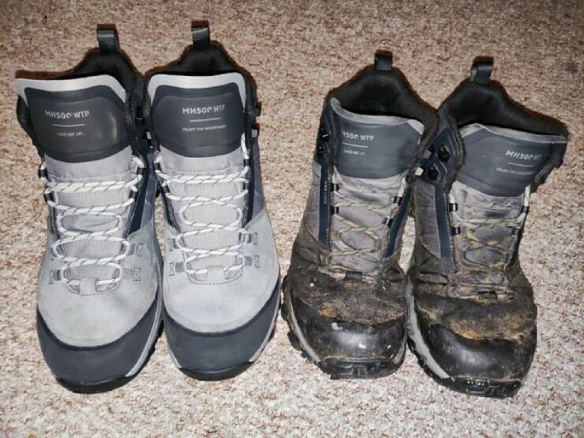 "Two pairs of the same shoes: one brand new, the other after a year of kitchen work."