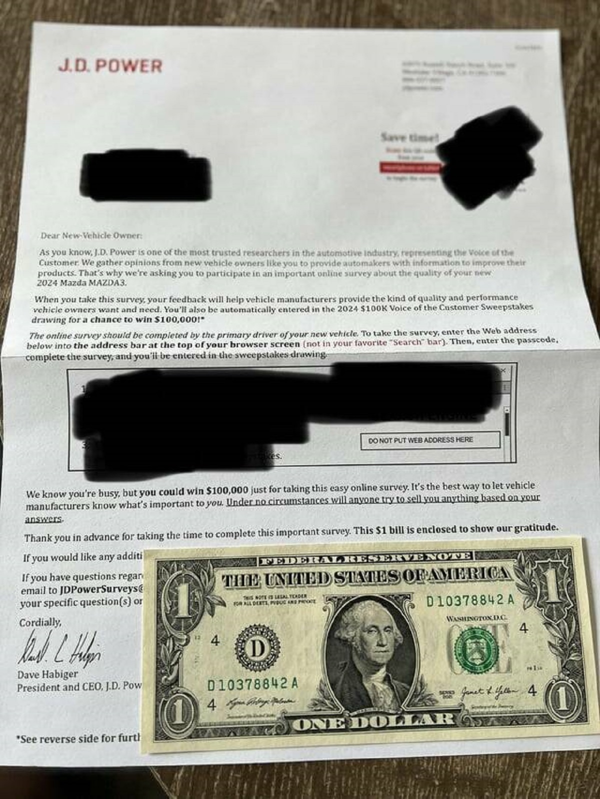 "JD Power sent me $1 to take a survey on my new car"