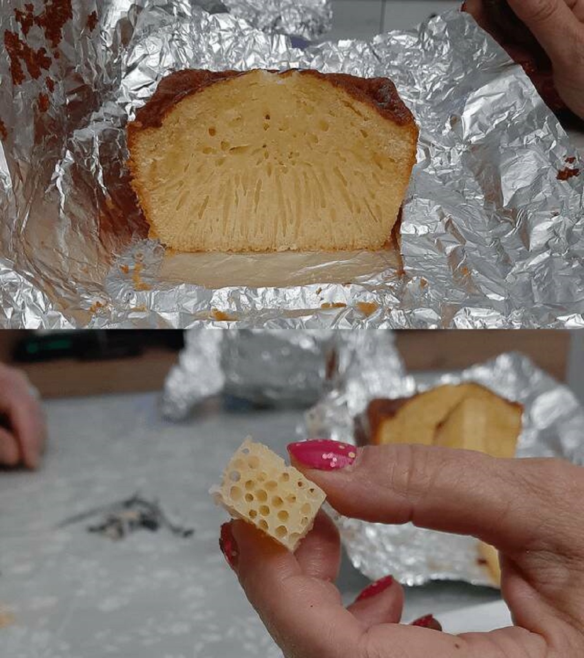 "The vertical bubbles in this homemade cake we baked"