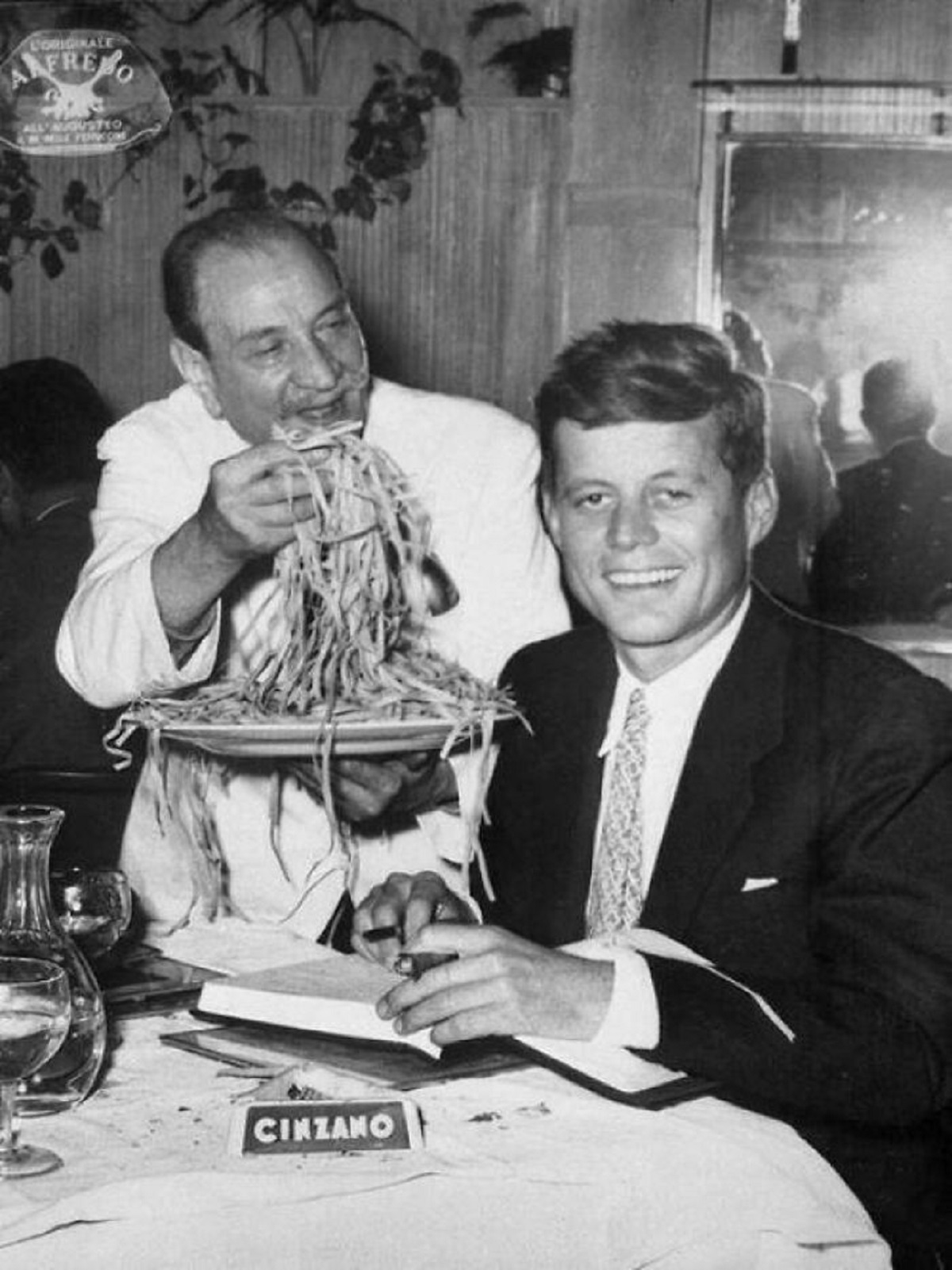 Jfk Being Served Fettuccine Alfredo By Its Inventor, Alfredo Di Lelio At The Restaurant Alfredo In Rome, Italy. 1963