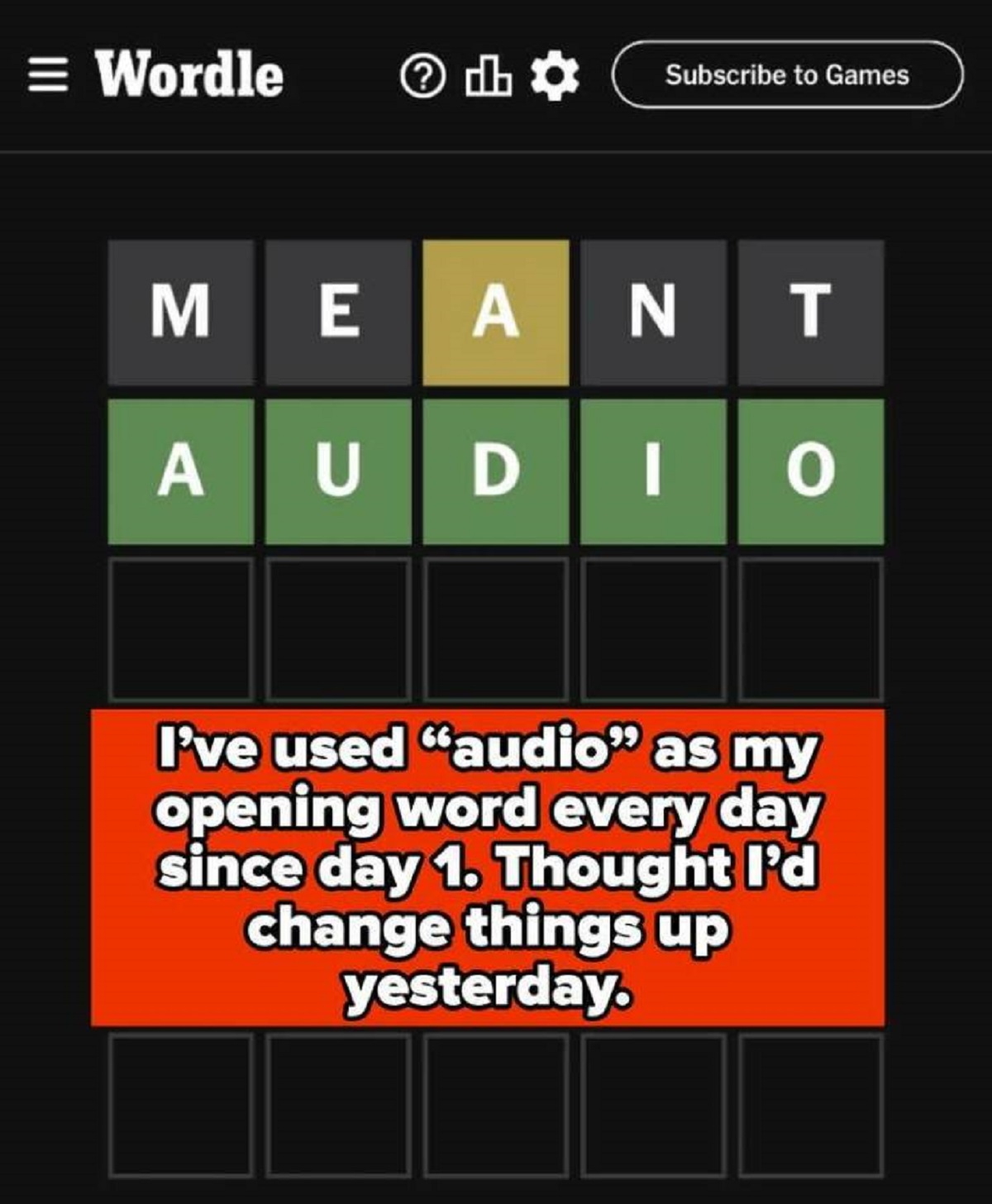 screenshot - Wordle > h Subscribe to Games Meant Audio I've used "audio" as my opening word every day since day 1. Thought I'd change things up yesterday.