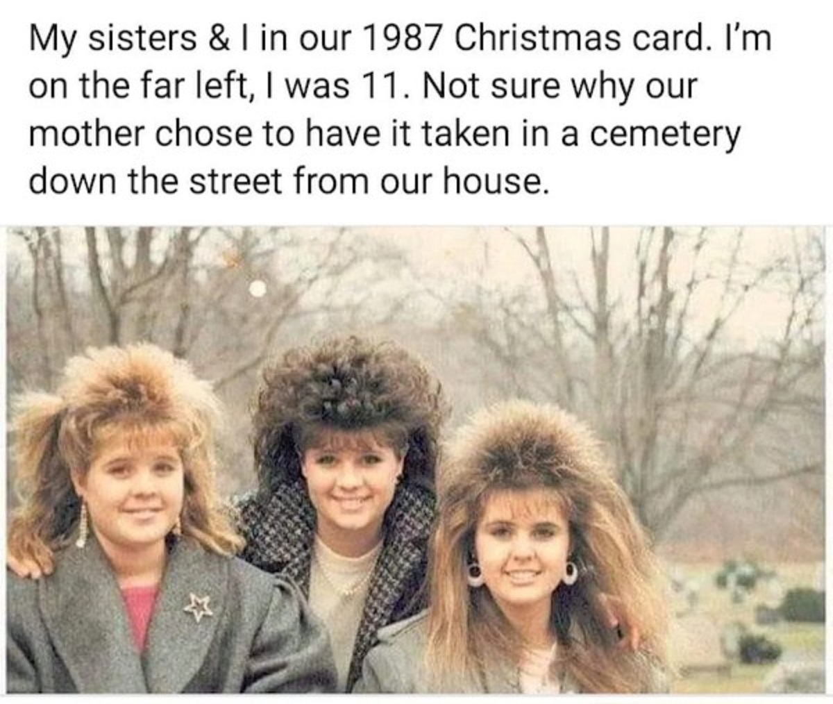 album cover - My sisters & I in our 1987 Christmas card. I'm on the far left, I was 11. Not sure why our mother chose to have it taken in a cemetery down the street from our house.